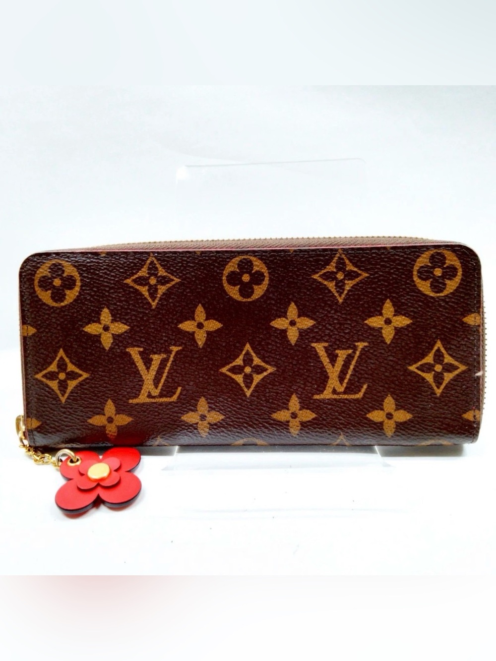 Louis Vuitton Brown Monogram Zippy Wallet with Red Flower Charm